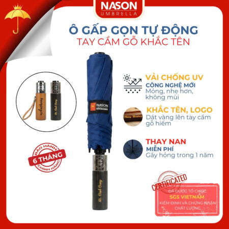 Ô dù tự động Nason Umbrella Chagoi cán gỗ hiếm, khắc tên, logo dát vàng, dù gấp gọn che nắng che mưa chống tia UV